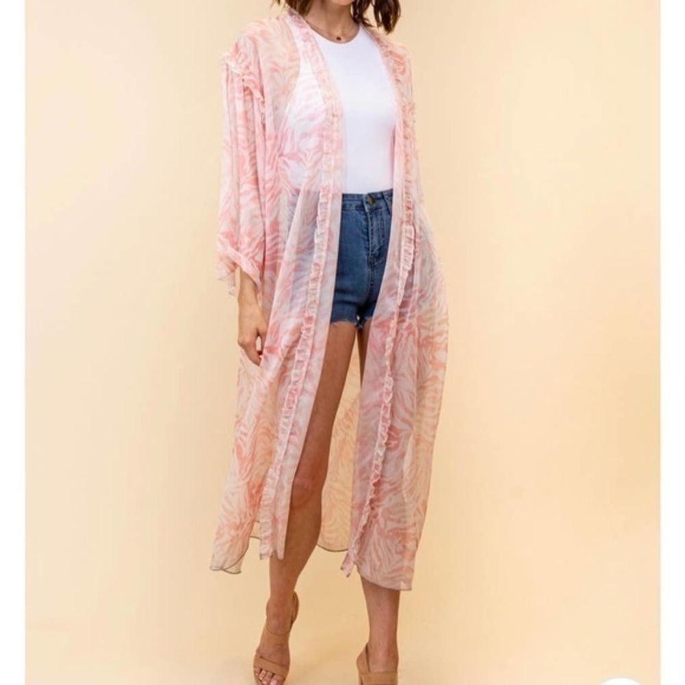 Blue blush 3/4 sleeve ruffle pink‎ kimono